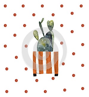 Watercolor card with cactus in decorative flowerpot