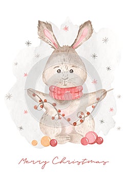 Watercolor card with Christmas bunny with garland, symbol of the year, 2023, holiday, greeting card