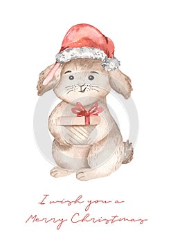 Watercolor card with Christmas bunny with a gift, symbol of the year, 2023, holiday, greeting card