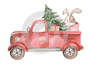 Watercolor card with Christmas pickup, bunny, fir tree, gifts, greeting card, holiday
