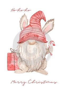 Watercolor card with Christmas rabbit gnome with caramel, gift, symbol of the year, 2023, holiday, greeting card
