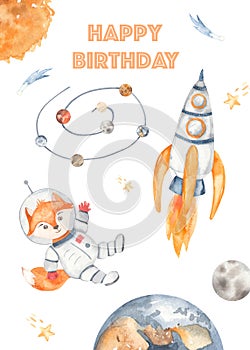 Watercolor card cosmos happy birthday with rocket, little astronaut, earth, stars, comets