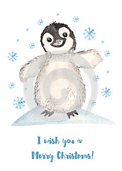 Watercolor card with cute baby penguin and snowflakes, I wish you a Merry Christmas