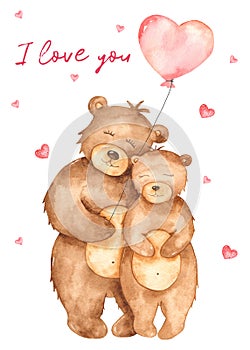 Watercolor card with cute bears in love cuddling