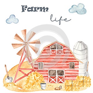 Watercolor card cute farm, barn, windpump, hay, spade, bucket