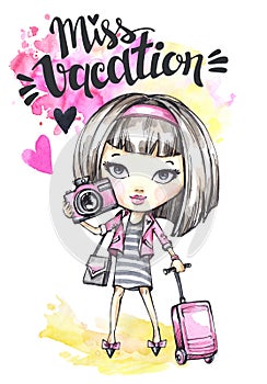 Watercolor card cute girl with camera and travel bag. Calligraphy words Miss Vacation.
