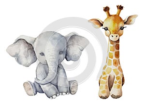 Watercolor card with cute kids toys giraffe, elephant