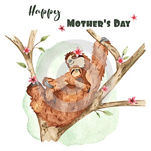 Watercolor card with cute mom and baby sloth for Mother`s Day