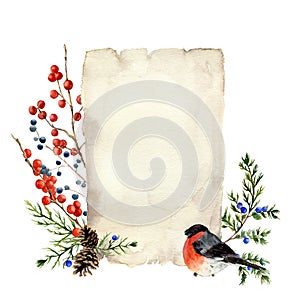 Watercolor card design with winter berries, textured old paper and bullfinch. Illustration with juniper, red berry and