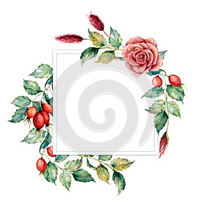 Watercolor card with dogroses and leaves. Hand painted botanical card with dogrose branch isolated on white background