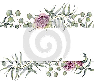 Watercolor card with eucalyptus branch and roses. Hand painted floral frame with round leaves of silver dollar
