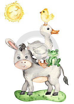 Watercolor card with farm animals donkey, goose, chicken, frog