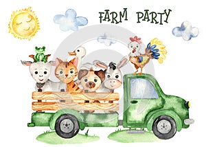 Watercolor card with farm animals donkey, goose, chicken, frog, rooster in a farm truck