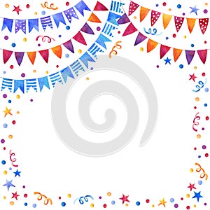 Watercolor card with flags garlands, paper streamers and confetti. Birthday party background