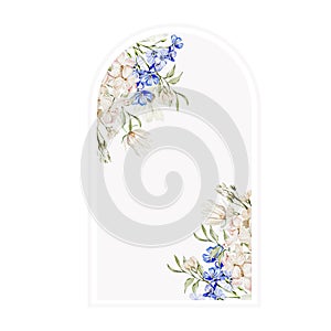 Watercolor card with forget me not flowers, chamomile and hudrangea, green leaves