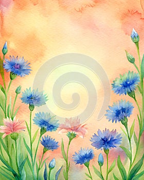 Watercolor card with frame Cornflowers for birthday wedding invitation, generated AI.