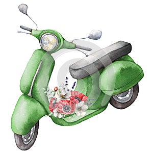 Watercolor card with green scooter and anemones bouquet. Hand painted summer illustration with red and white flowers