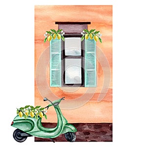 Watercolor card with green scooter and lemon branch with house. Hand drawn illustration isolated on white background.