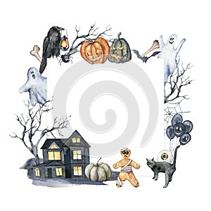 Watercolor card with halloween glowing symbols. Hand painted holiday template with house, pumpkins, crow, tree, ghost