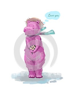 Watercolor card with  hippopotamus
