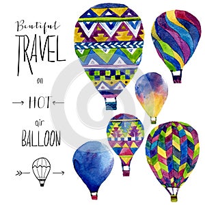 Watercolor card with hot air balloon. Hand drawn vintage collage illustration. Vector kids texture