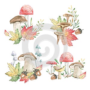 Watercolor card with leaves, branches, mushrooms and barries isolated on white background. Botanical composition for greeting