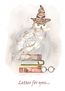 Watercolor card with a magic owl in a hat with a letter, letter for you