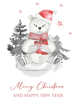 Watercolor card Merry christmas with cute polar bear sitting with cocoa in winter forest