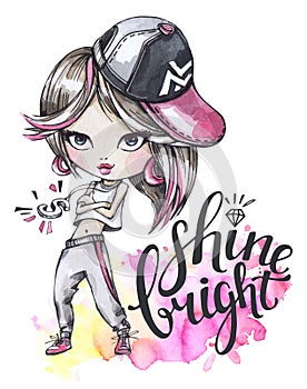 Watercolor card with modern girl. Calligraphy words Shine Bright.