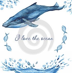 Watercolor card with oceanic mammals. photo