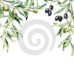 Watercolor card with olive branch and berries. Hand painted border with green and black olives isolated on white