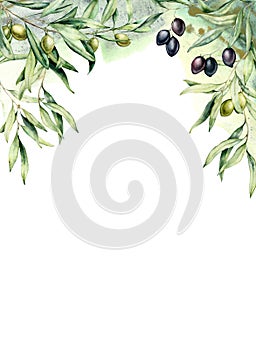 Watercolor card with olive branches, green and black berries. Hand painted border with olives, leaves isolated on white