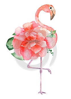 Watercolor card with pink flamingo and flower
