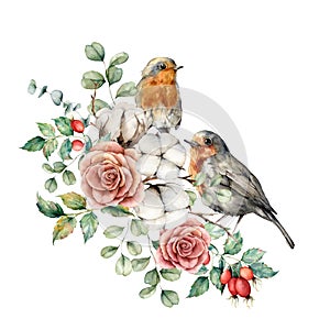 Watercolor card with robin redbreast, cotton, rose, berries and eucalyptus leaves. Hand painted bird and flowers
