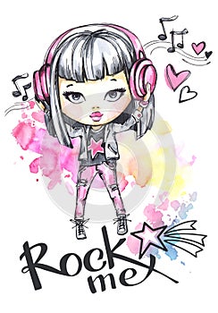 Watercolor card rock girl with headphones. Calligraphy words Rock Me.