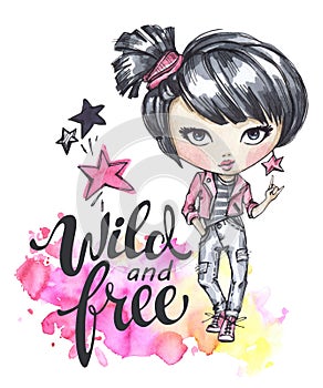 Watercolor card with rocker girl. Calligraphy words Wild and Free.