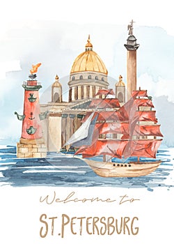 Watercolor card with the sights of St. Petersburg