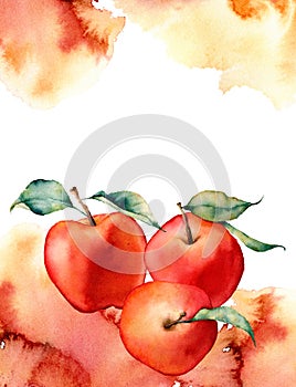 Watercolor card with splash and apple on white background.The color splashing in the paper.It is a hand drawn