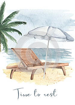 Watercolor card Time to relax with seascape, beach lounger, beach umbrella, palm tree
