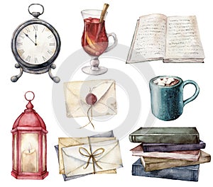 Watercolor card with vintage books, envelopes, mulled wine and cup of coffee. Hand painted lantern and table clock