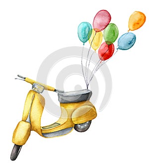 Watercolor card with yellow scooter and air balloons. Hand painted summer illustration isolated on white background. For