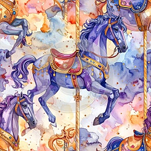 Watercolor Carousel Horses Pattern Whimsical Design