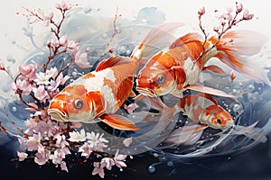 Watercolor Carp Fish and Cherry Blossom Tree Painting in Japanese Style