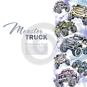 Watercolor cars vertical border. Cartoon Monster Trucks frame. Colorful Extreme Sports background. 4x4. Off Road. Man`s