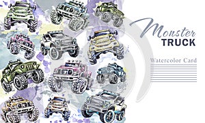 Watercolor cars vertical border. Cartoon Monster Trucks frame. Colorful Extreme Sports background. 4x4. Off Road. Man`s