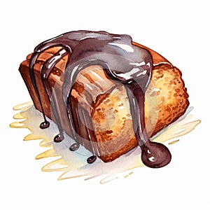 Watercolor Cartoon Background With Chocolate Glazed Loaf Cake