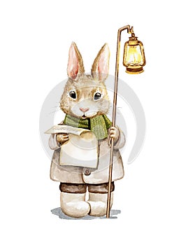 Watercolor cartoon bunny in clothes singing Christmas carols