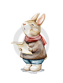 Watercolor cartoon bunny in clothes singing Christmas carols