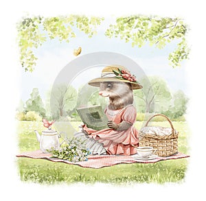 Watercolor cartoon composition with ferret in vintage outfits reading book and drinking tea on blanket in nature