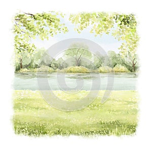 Watercolor cartoon composition with spring green landscape with trees, river and grass